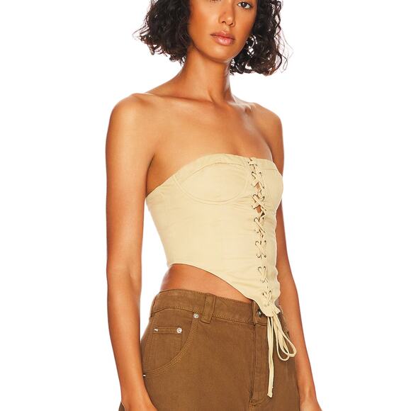 Superdown Beige Lace Up Bustier Top MEDIUM Strapless Steampunk Fairy Ashlyn NEW - Picture 2 of 8